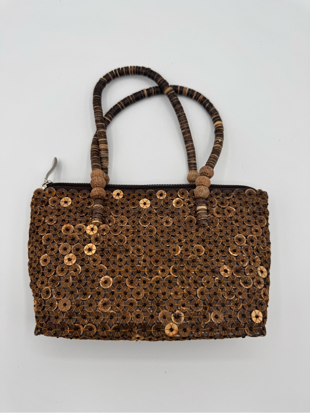 Vintage Handmade Indonesian Coconut Shell Beaded Purse Brown Boho Bag